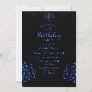 Black and Royal Blue Foil 50th Birthday Einladung