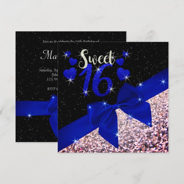 Black and Royal Blue Glittery Sweet 16 Einladung (Vorne/Hinten)
