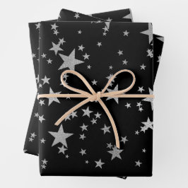 Black and Silver Celestial Star Wrapping Paper Geschenkpapier Set