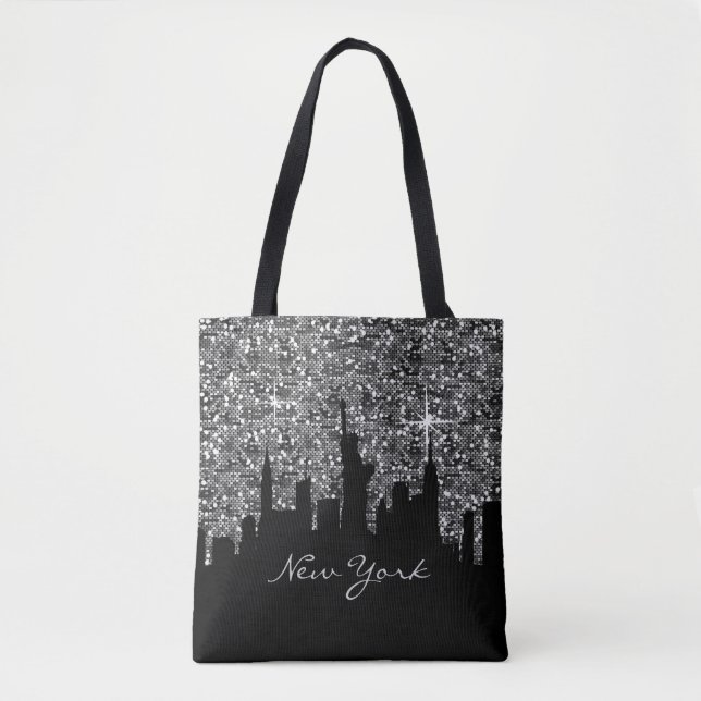 Black and Silver Confetti Glitzer New York Skyline Tasche (Vorderseite)