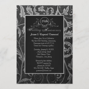 Black and Silver Damask 25. Hochzeitstag Einladung