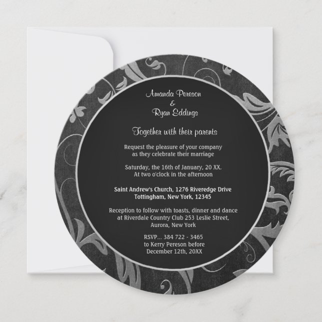 Black and Silver Damask Wedding Round Einladung (Vorderseite)