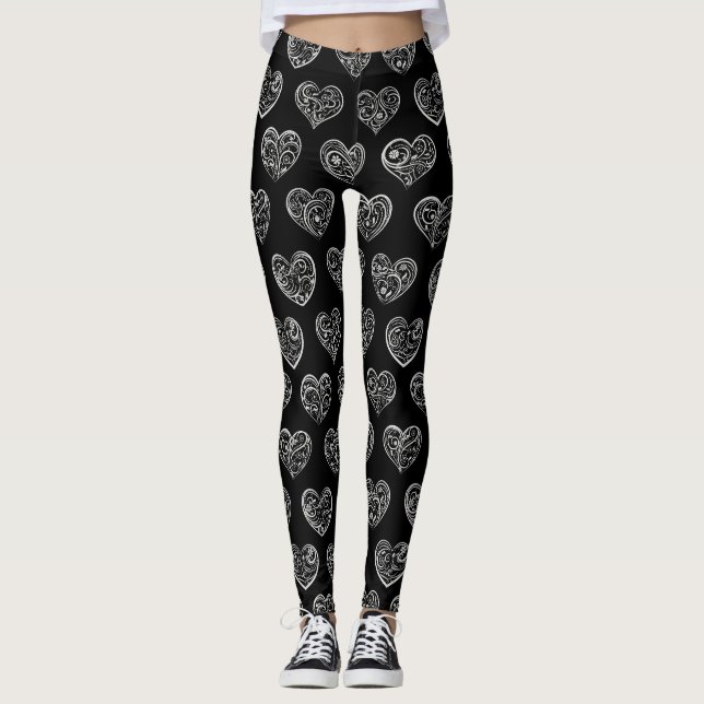 Black and Silver Filigree Hearts Leggings (Vorderseite)