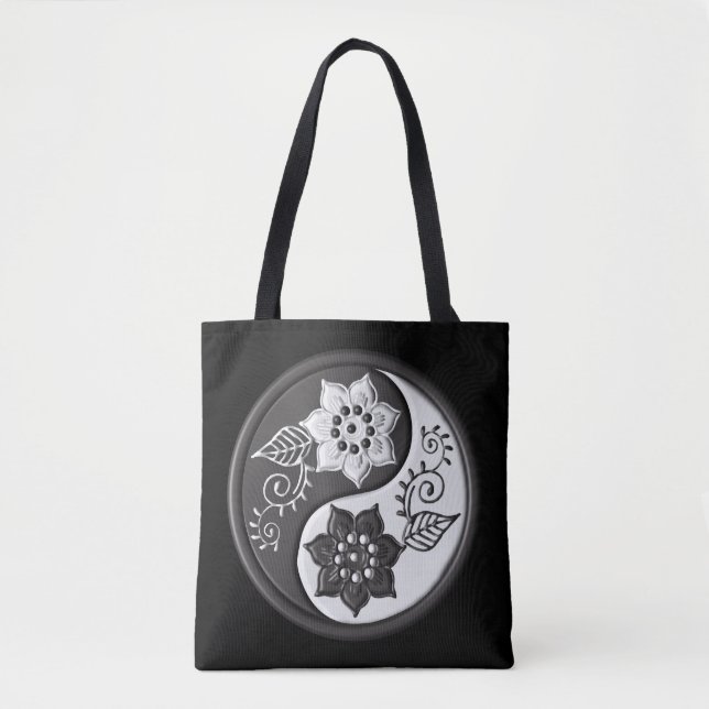 Black and Silver Floral Yin Yang Tasche (Vorderseite)