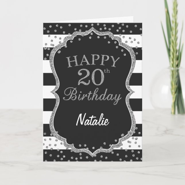 Black and Silver Glitter 20th Birthday Card Karte (Vorderseite)