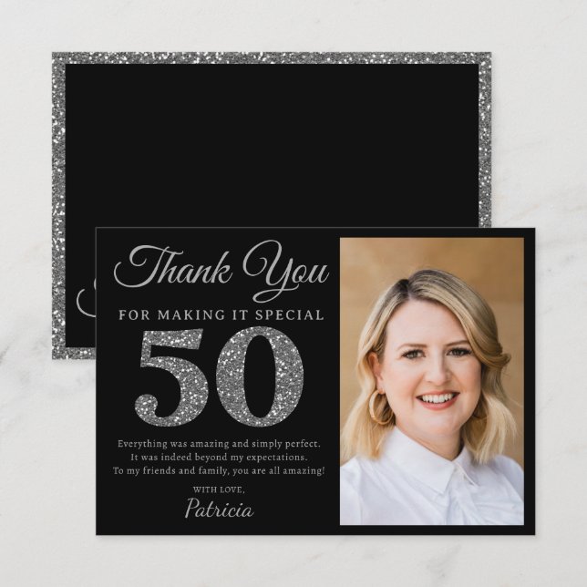 Black And Silver Glitter 50th Birthday Party Photo Dankeskarte (Vorne/Hinten)