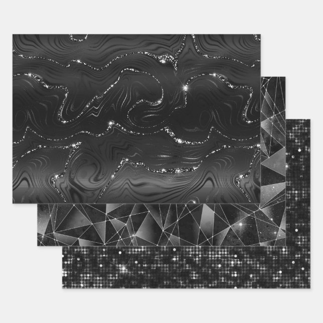 Black and Silver Glitter Geometric Patterns Geschenkpapier Set (Set)