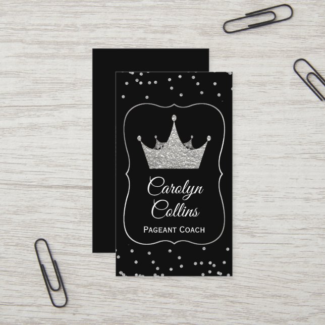 Black and Silver Pageant Coach Business Card Visitenkarte (Vorderseite/Rückseite Beispiel)