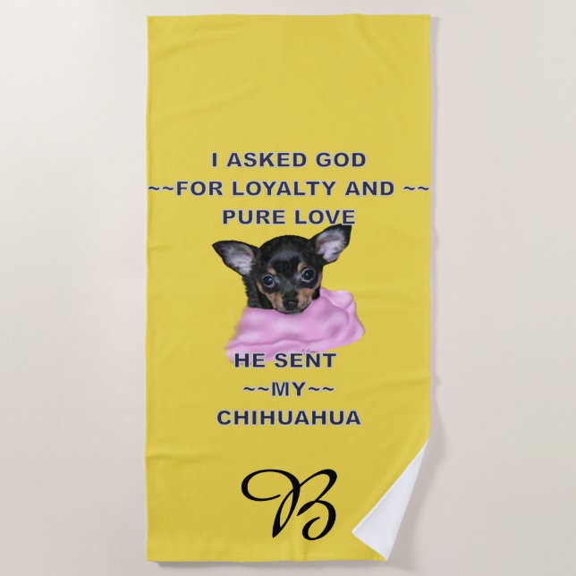 Black and Tan Chihuahua Puppy Mit Monogramm Strandtuch (Vorderseite)