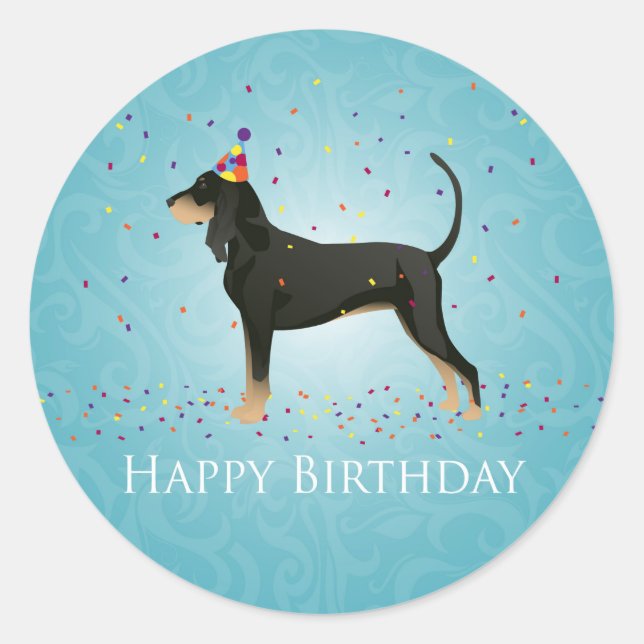 Black and Tan Coonhound Happy Birthday Design Runder Aufkleber (Vorderseite)