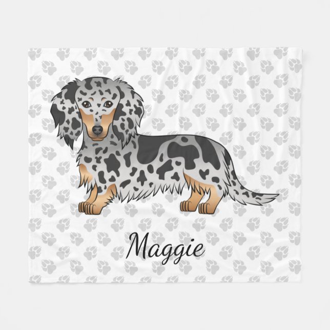Black and Tan Dapple Long Hair Dackel & Name Fleecedecke (Vorderseite (Horizontal))
