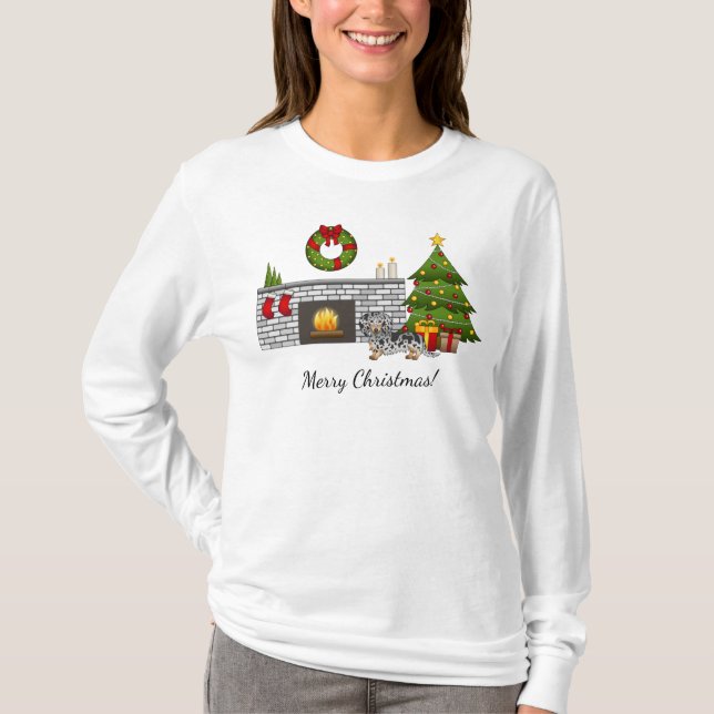 Black and Tan Dapple Long Hair Dackel Weihnachten T-Shirt (Vorderseite)