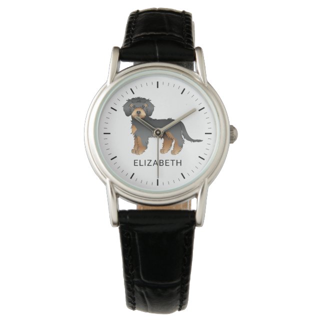 Black and Tan Mini Goldendoodle Cartoon Dog & Name Armbanduhr (Vorderseite)