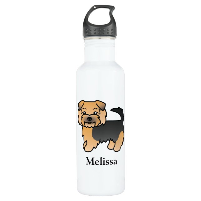 Black and Tan Norfolk Terrier Cartoon Dog & Name Edelstahlflasche (Vorderseite)