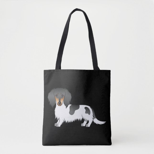 Black and Tan Piebald Long Hair Dackel auf Schwarz Tasche (Vorderseite)