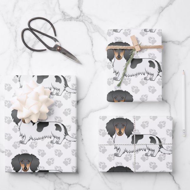 Black and Tan Piebald Long Hair Dackel & Paws Geschenkpapier Set (Vorderseite)