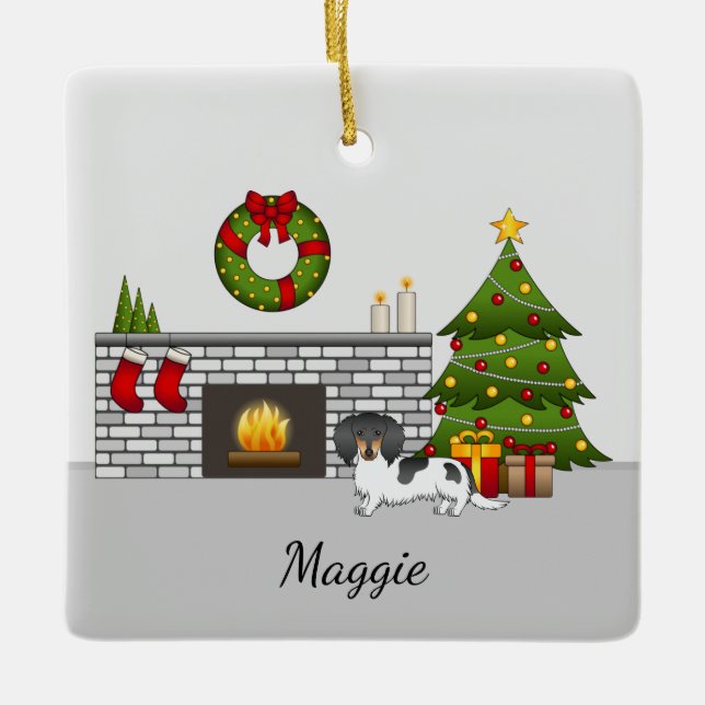 Black and Tan Pied Long Hair Dackel Weihnachten Keramikornament (Vorderseite)