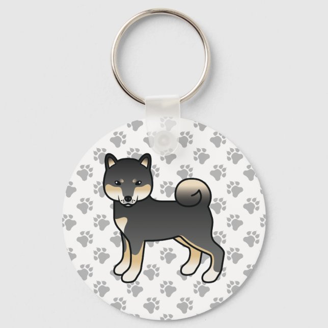 Black and Tan Shiba Inu Cartoon Dog & Paws Schlüsselanhänger (Vorderseite)