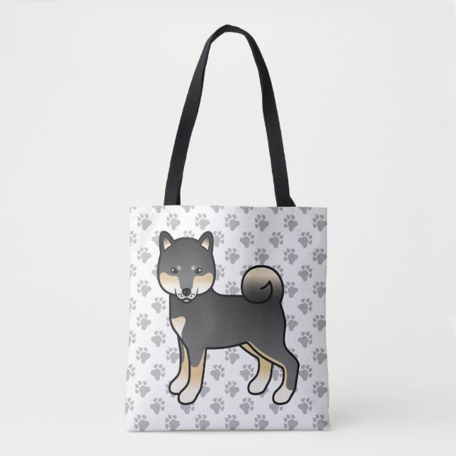Black and Tan Shiba Inu Cartoon Dog & Paws Tasche (Vorderseite)