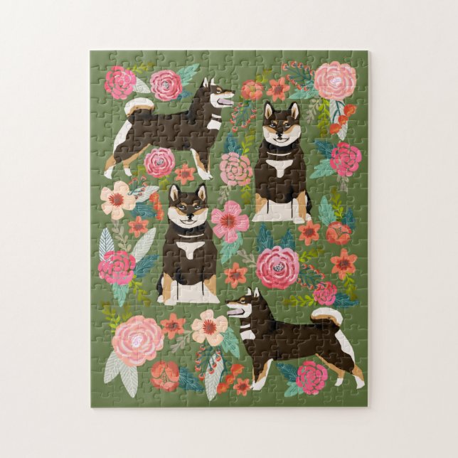 Black and Tan Shiba Inu Florals (Vertikal)