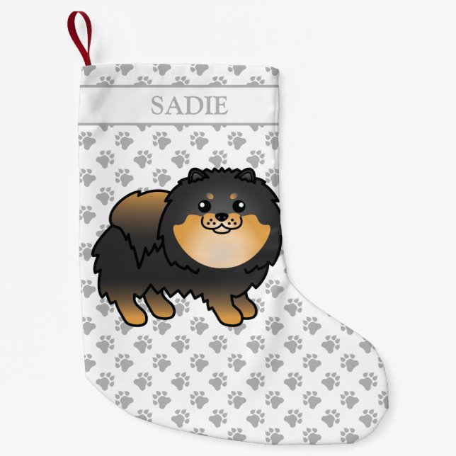 Black and Tan Spitz Niedlich Cartoon Dog & Name Kleiner Weihnachtsstrumpf (Vorderseite)