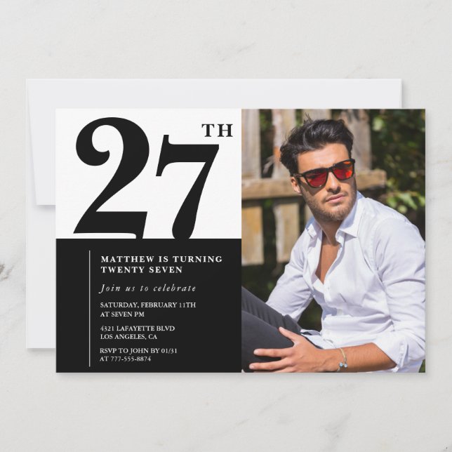 Black and White 27th Birthday Invitations Photo (Devant)