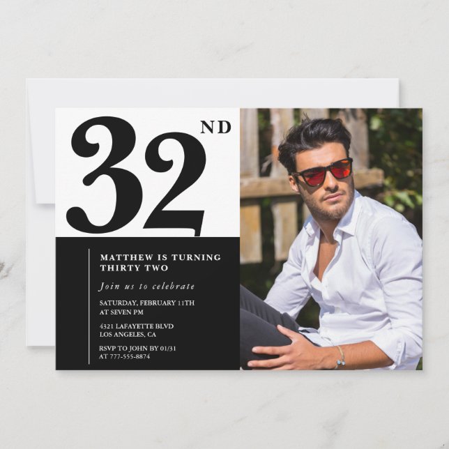 Black and White 32nd Birthday Invitations Photo (Devant)