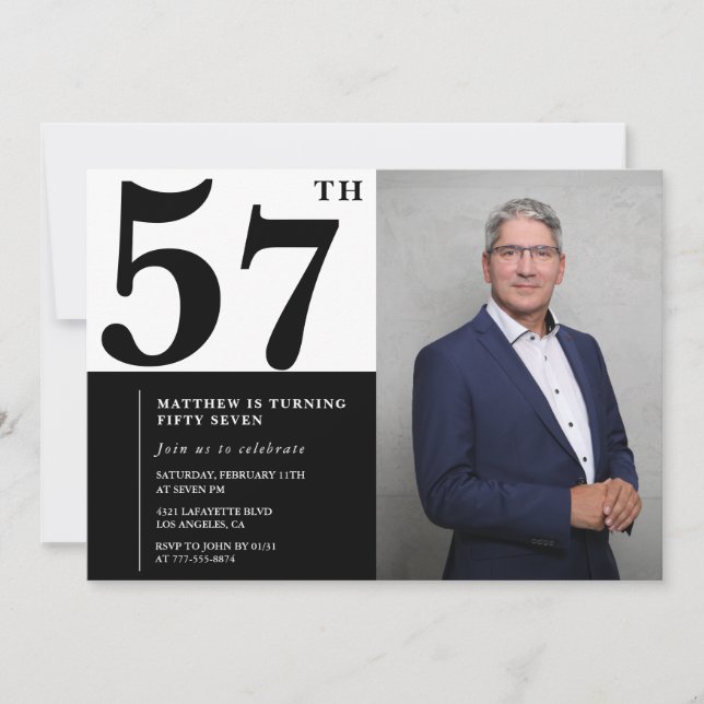 Black and White 57th Birthday Invitations Photo (Devant)