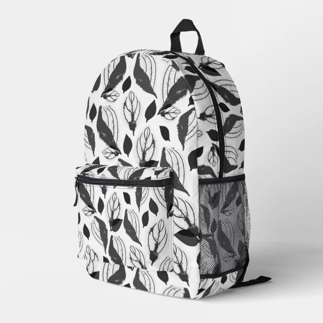 Black and White Basil Leaf Pattern Bedruckter Rucksack (Rückseitige Ecke Rechts)