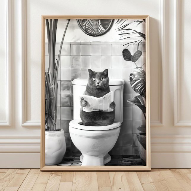 Black and White Bathroom Cat Print, Funny Posters, Poster (Von Creator hochgeladen)