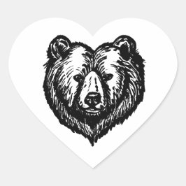 Black and White Bear's Face Ink Drawing Herz-Aufkleber