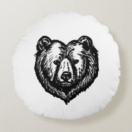 Black and White Bear's Face Ink Drawing Rundes Kissen