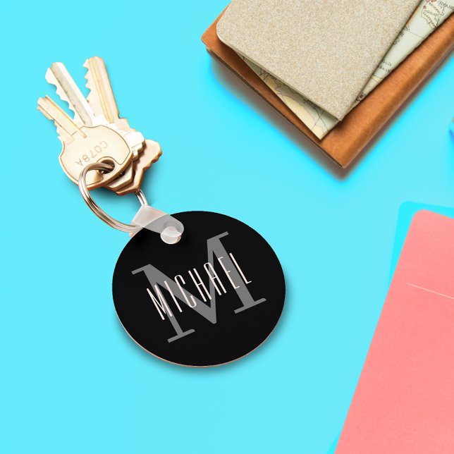 Black and White Bold Monogram Initial & First Name Schlüsselanhänger (Von Creator hochgeladen)