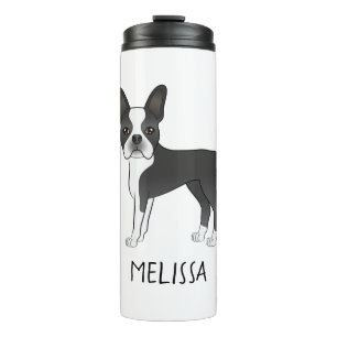 Black and White Boston Terrier Cartoon Dog & Name Thermosbecher