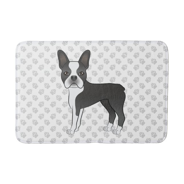 Black and White Boston Terrier Cartoon Dog & Paws Badematte (Vorderseite)