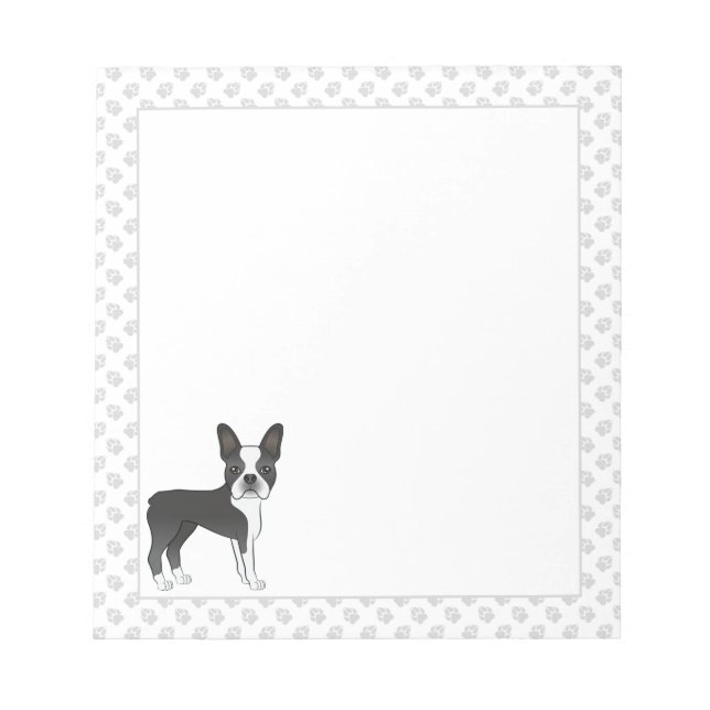 Black and White Boston Terrier Cartoon Dog & Paws Notizblock (Vorderseite)