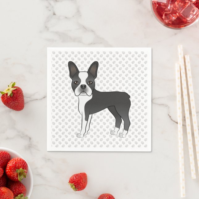 Black and White Boston Terrier Cartoon Dog & Paws Serviette (Beispiel)