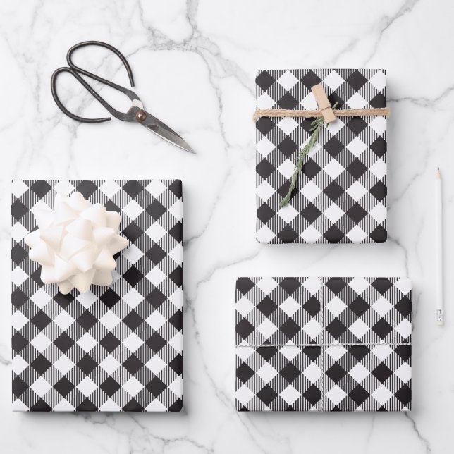 Black and White Buffalo Plaid Checkered Geschenkpapier Set (Vorderseite)
