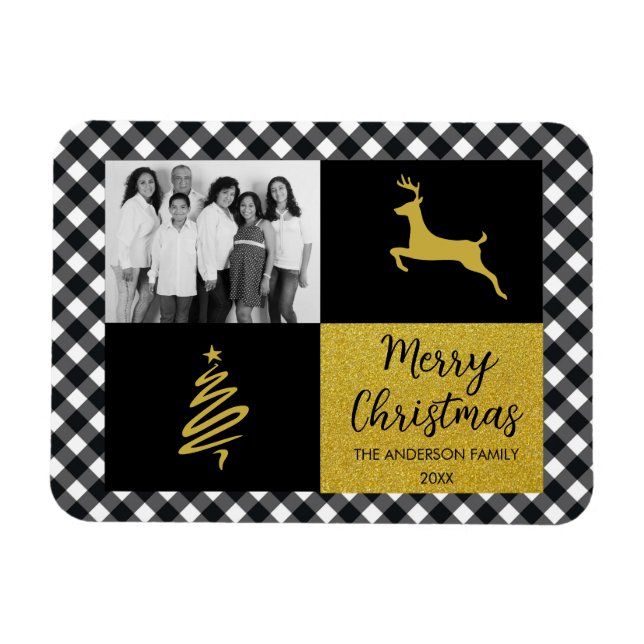 Black and White Buffalo Plaid Gold Holiday Photo Magnet (Horizontal)