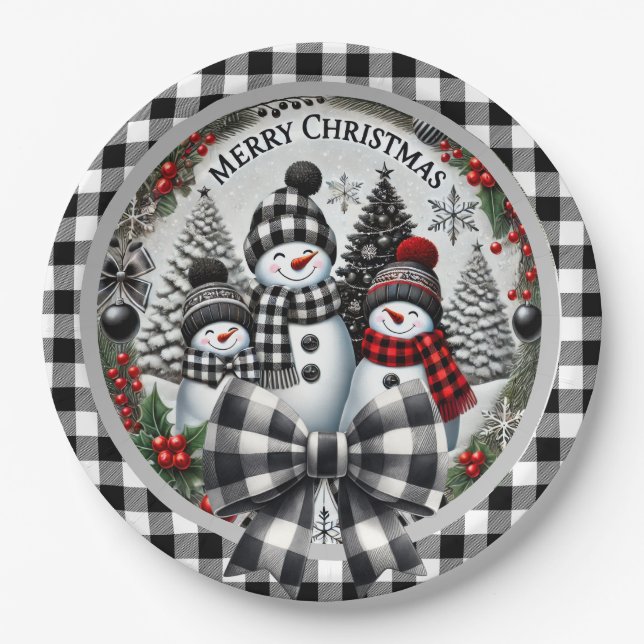 Black And White Buffalo Plaid Snowmen Paper Plate Pappteller (Vorderseite)