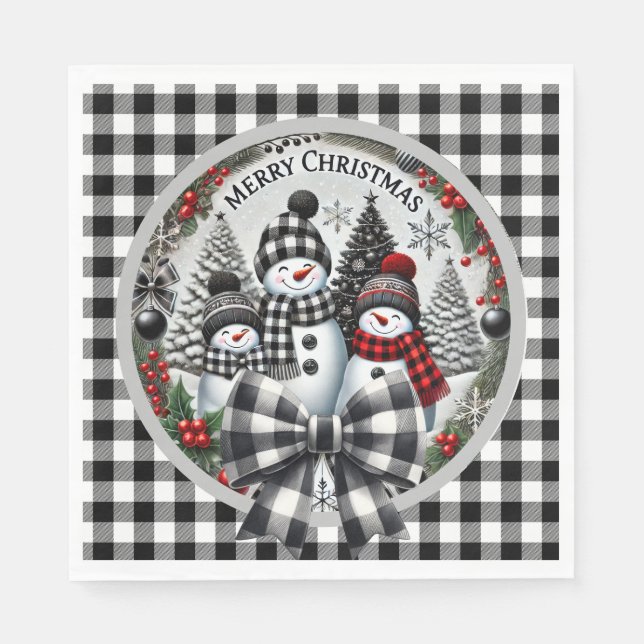 Black And White Buffalo Plaid Snowmen Paper Plate Serviette (Vorderseite)