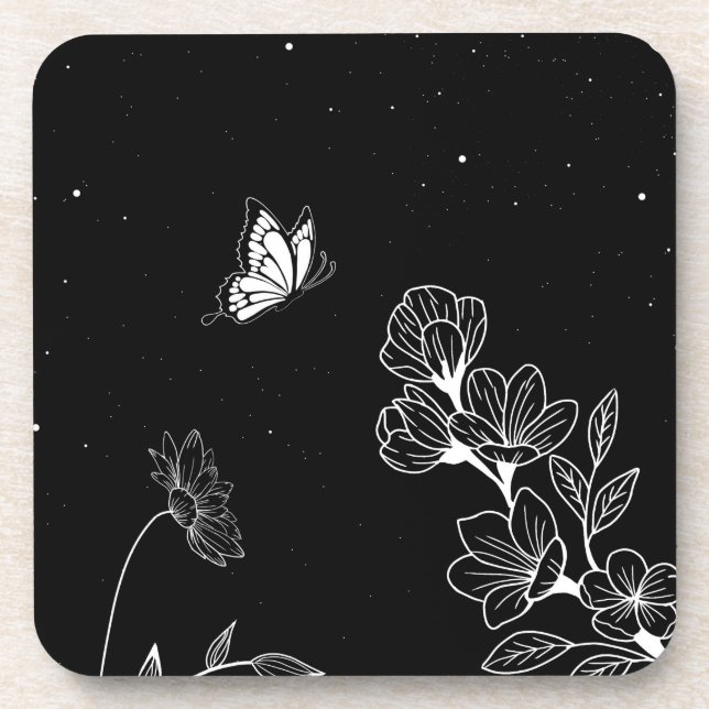 Black and White Butterfly and Flowers at Night Art Getränkeuntersetzer (Vorderseite)