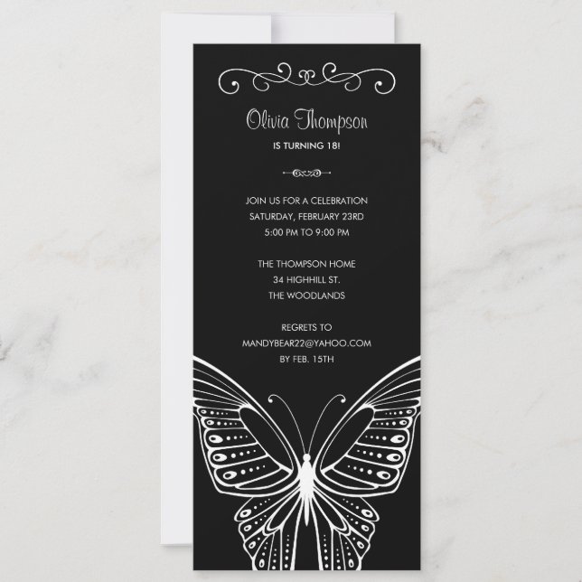 Black and White Butterfly Birthday Invitations Einladung (Vorderseite)