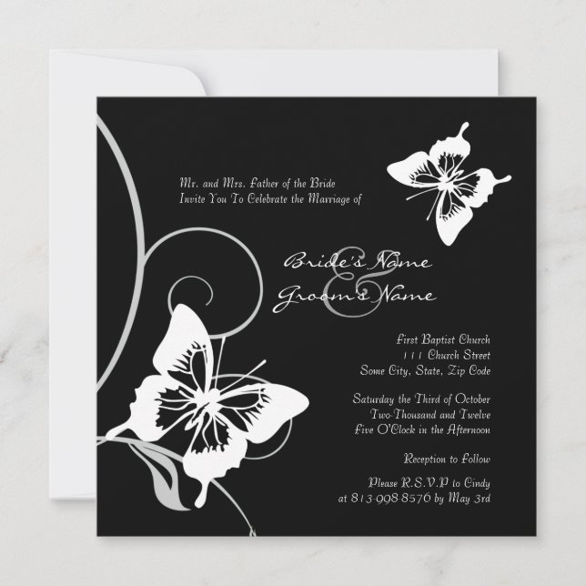 Black and White Butterfly Wedding Invitation (Devant)