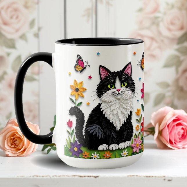 Black and White Cat, Flowers and Butterflies   Tasse (Von Creator hochgeladen)