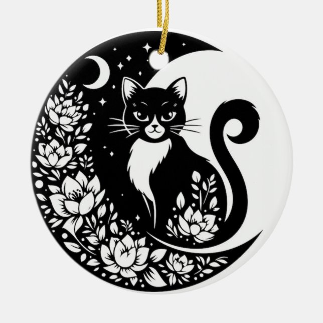Black and White Cat Moon Window Suncatcher Keramik Ornament (Vorne)