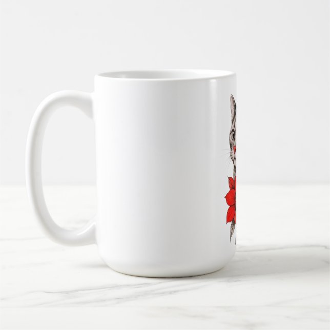 Black and White Cat with Bright Red Blooms Kaffeetasse (Links)