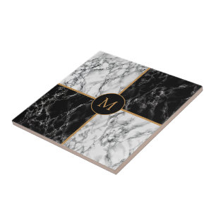 Black and White Check Marble Monogram Fliese