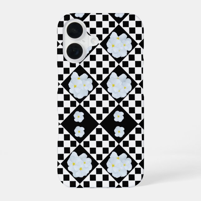 Black and White Checked Pansy Pattern iPhone 16 Hülle (Rückseite)