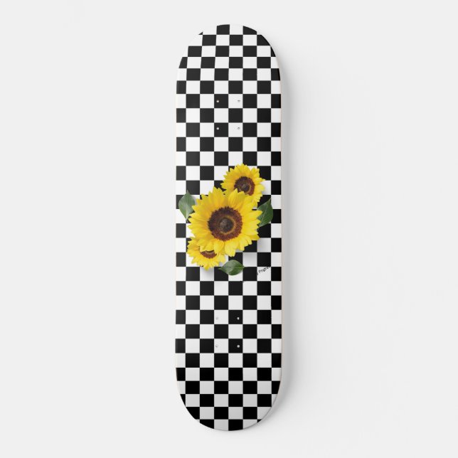 Black and White Checkered & Sunflower Print Skateboard (Vorderseite)